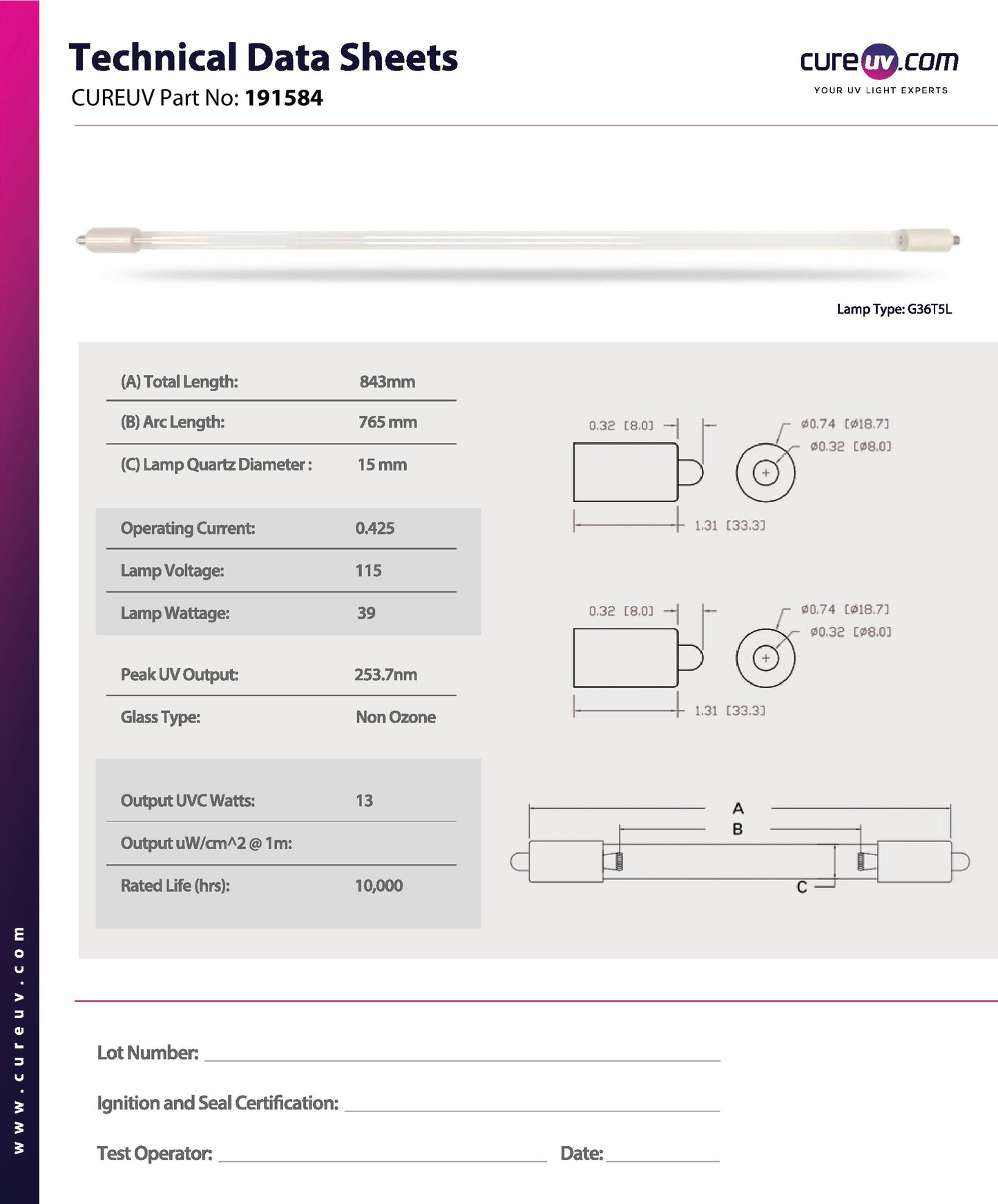 WEDECO/Ideal Horizons - Ampoule UV LMP12008 pour traitement germicide de l'eau