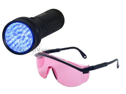 51-LED Portable UV Inspection Flashlight 7202UV395 and Safety Glasses