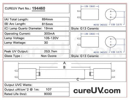 Germicidal UV Bulbs - 30W/2P Medium Bi-pin 30 Watt Replacement UVC Light Bulb